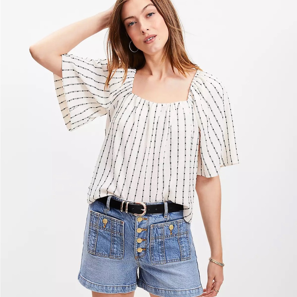 LOFT Dot Stripe Flutter Square Neck Top Medium